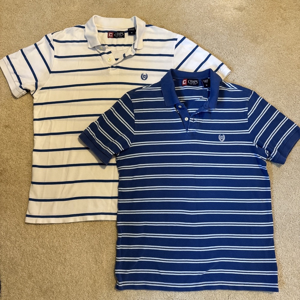 Chaps‎ Mens Polo Shirts Size Medium Blue White Stripes Set of 2 Cotton Polo Tops